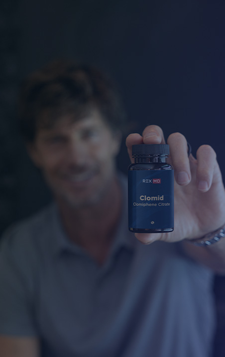 A man is showing a TestoRx pill bottle with Clomid
